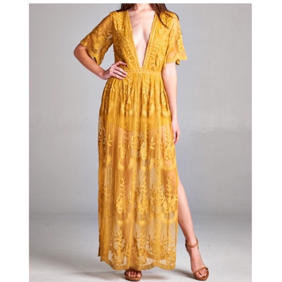 Honey Punch Yellow Lace Boho Romper / Maxi Dress, Size Small, EUC - Picture 17 of 17